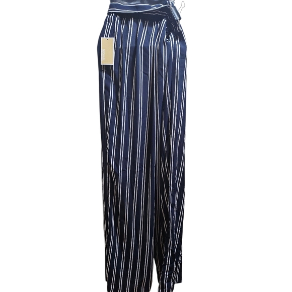 Michael Kors Blue White Striped Wide Leg Flowy Pants w Belt Boho Chic Medium - Picture 2 of 11